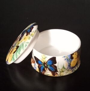 Bone China Butterfly Floral Trinket Box - Blue & Yellow
